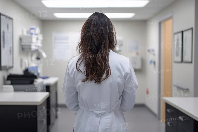 Back view of female doctor wearing lab coat in clinic. Generative Ai, AI generated