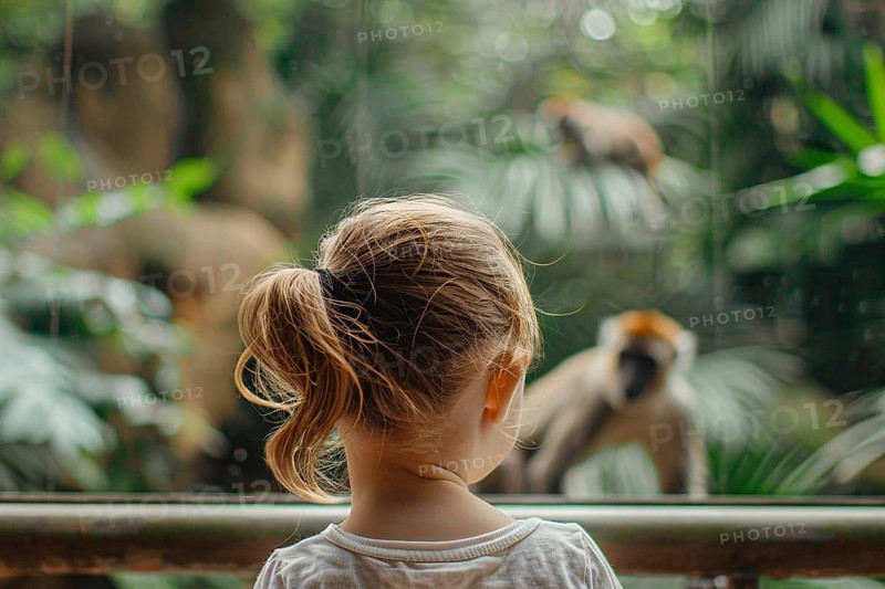 Back view of young girl child watching monkey in zoo behind glass. Generative AI, AI generated