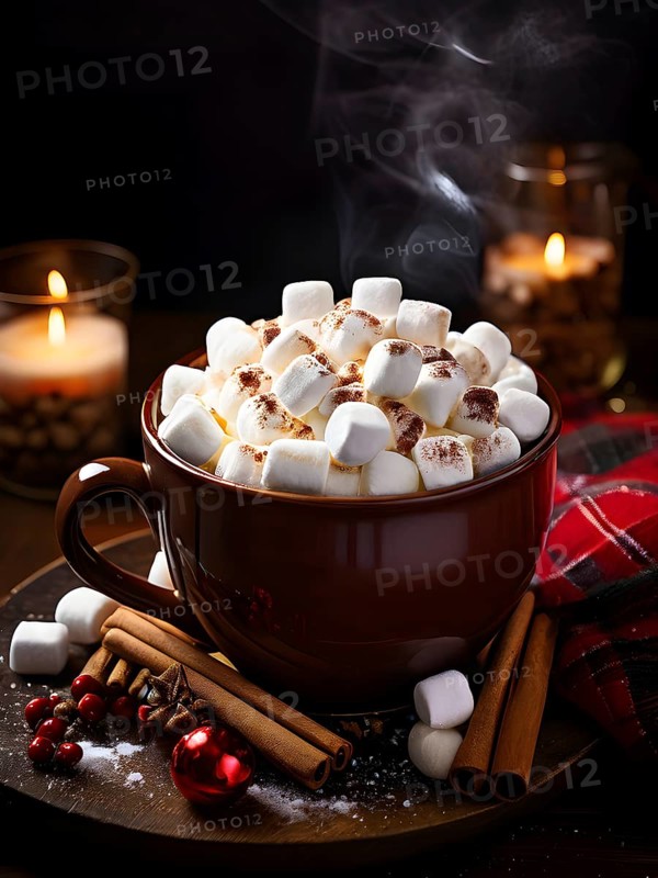 A close-up of a steaming cup of hot cocoa topped with marshmallows, surrounded by cinnamon sticks, candy canes, and a plaid blanket, evoking a warm, festive feel, AI generated