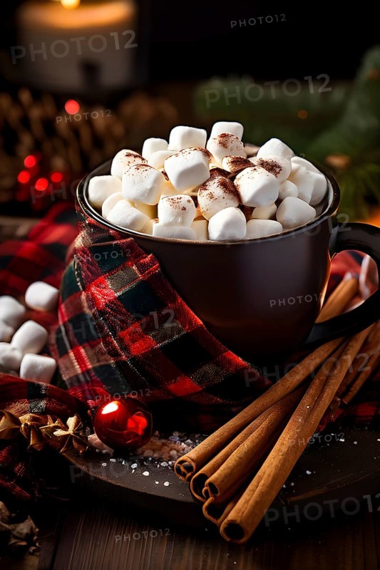 A close-up of a steaming cup of hot cocoa topped with marshmallows, surrounded by cinnamon sticks, candy canes, and a plaid blanket, evoking a warm, festive feel, AI generated