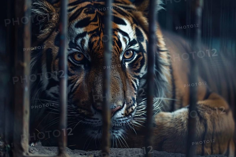 Close up of tiger in cage behind bars. Generative Ai, AI generated