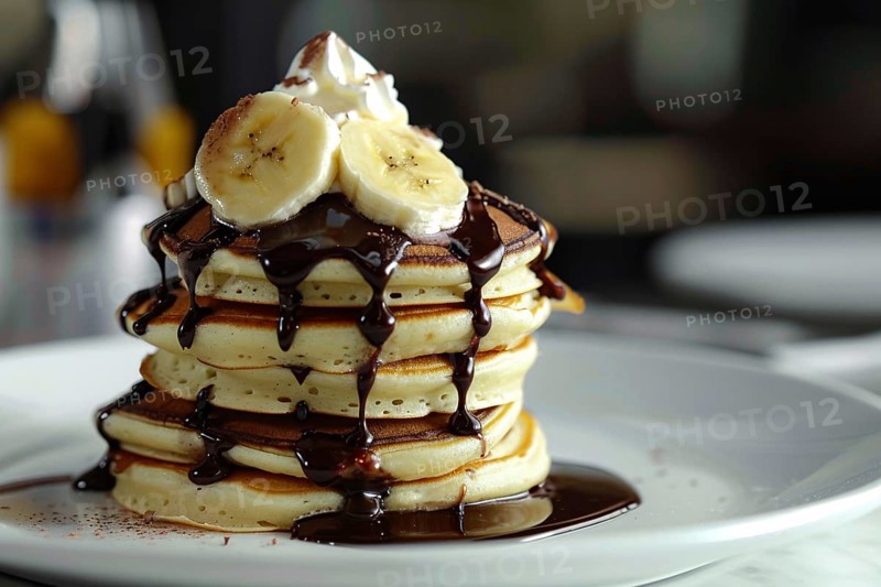 Stack of banana pancakes with chocolate sauce on plate. Generative Ai, AI generated