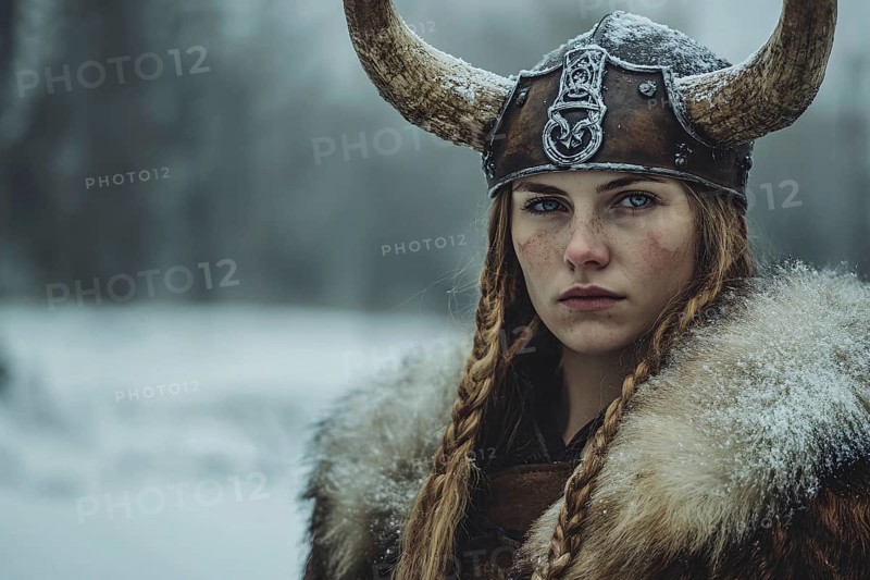 Blond female viking with horned helmet. Generative AI, AI generated