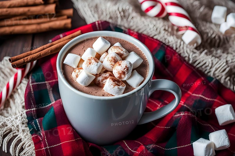A close-up of a steaming cup of hot cocoa topped with marshmallows, surrounded by cinnamon sticks, candy canes, and a plaid blanket, evoking a warm, festive feel, AI generated