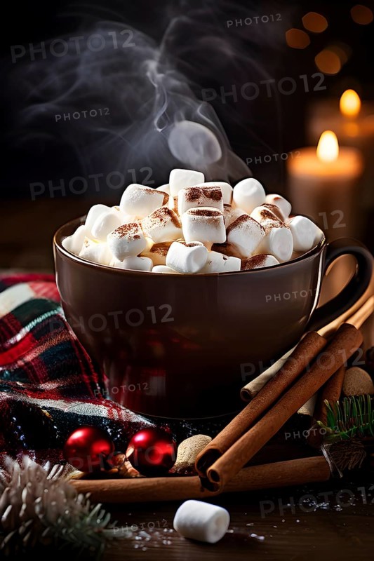 A close-up of a steaming cup of hot cocoa topped with marshmallows, surrounded by cinnamon sticks, candy canes, and a plaid blanket, evoking a warm, festive feel, AI generated