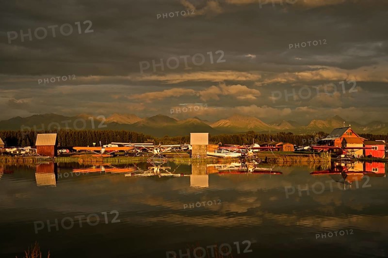 Seaplane airport overlooking Chugach mountain range, Lake Hood, Anchorage, Alaska, USA, North America