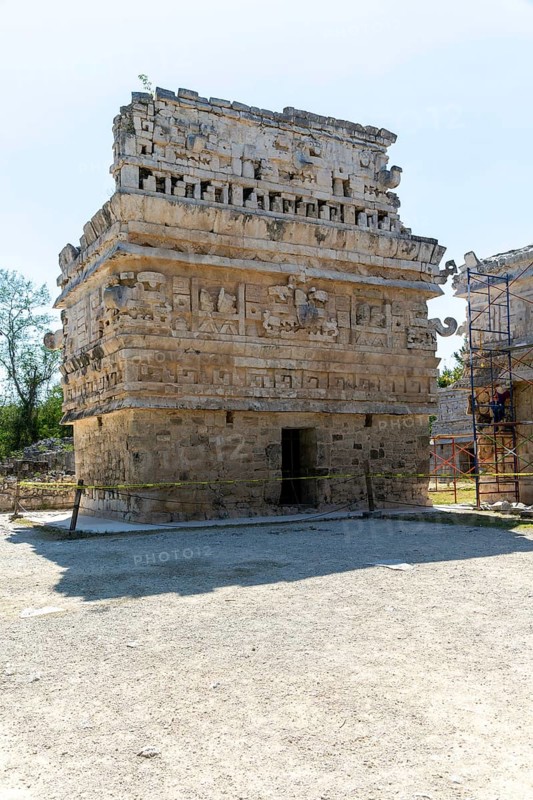Elaborate decorated stone facade in Monjas complex, Chichen Itza, Mayan ruins, Yucatan, Mexico, Iglesia or church building, Central America