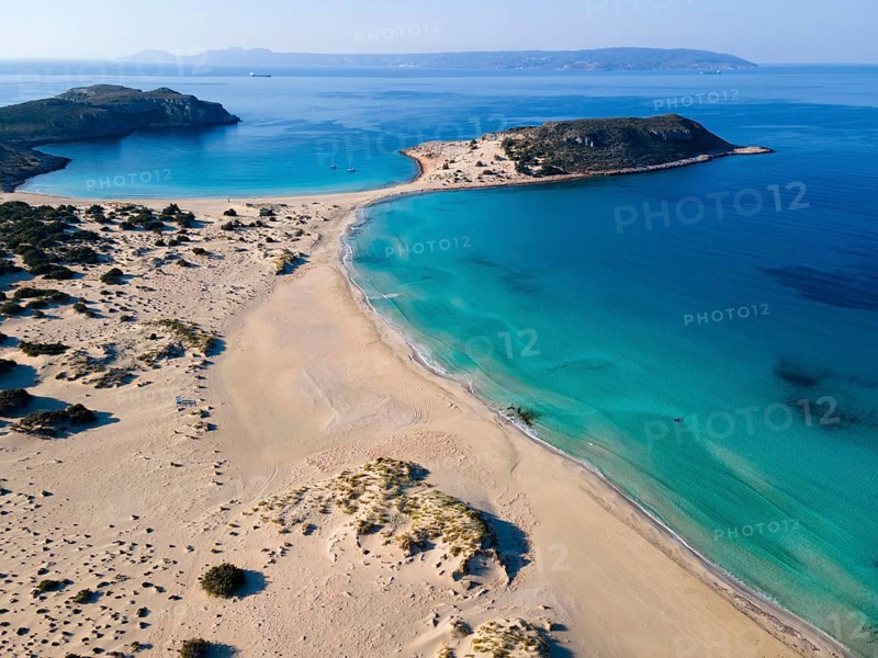 Drone shot, double bay of Simos beach, Sarakiniko beach, Elafonisos, Deer Island, Laconia, Peloponnese, Ionian Islands, Ionian Sea, Greece, Europe