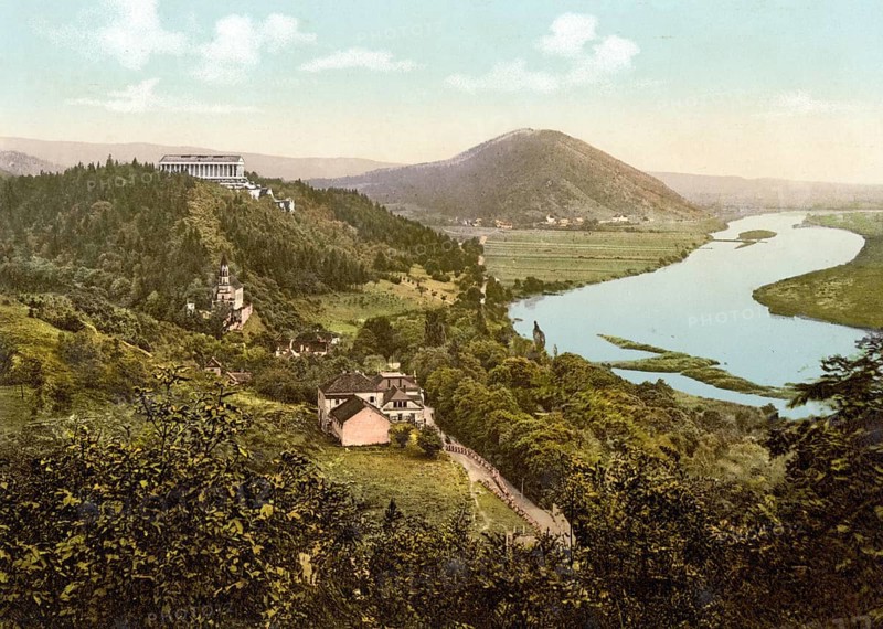 The Valhalla with a view of the Danube, Donaustauf, Bavaria, Historic, digitally enhanced reproduction of a photochrome print from 1898