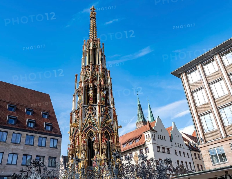 Beautiful fountain on the main market square, Old Town, Nuremberg, Middle Franconia, Bavaria, Germany, Europe