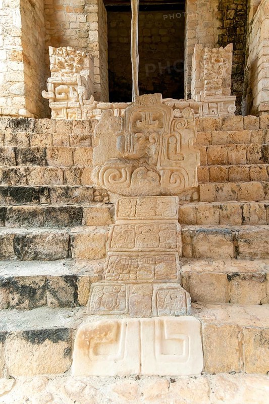 Elaborate stone carvings at Mayan archaeological site, Ek Balam, near Valladoid, Temozon, Yucatan, Mexico, Central America