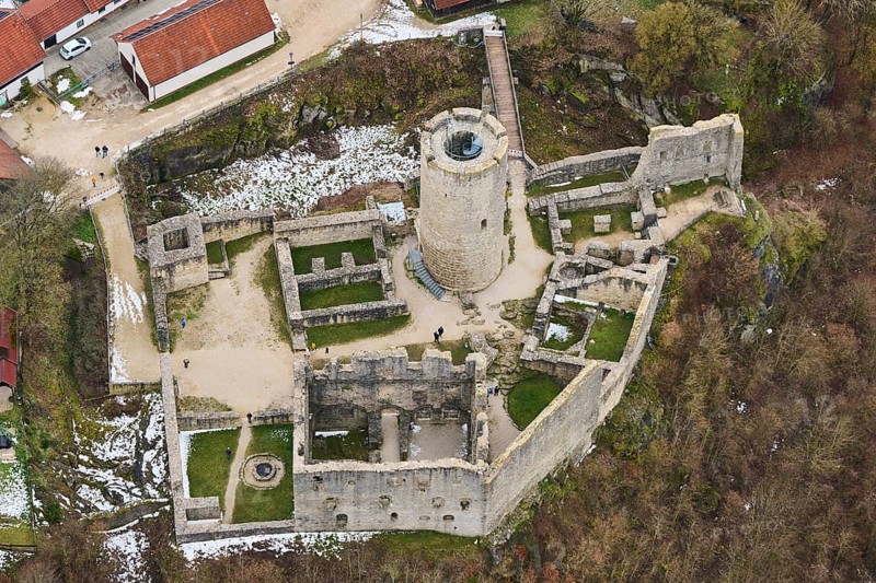 Aerial view of the area around Neumarkt and the castle ruins of Wolfstein, Upper Palatinate, Bavaria, Germany, Europe