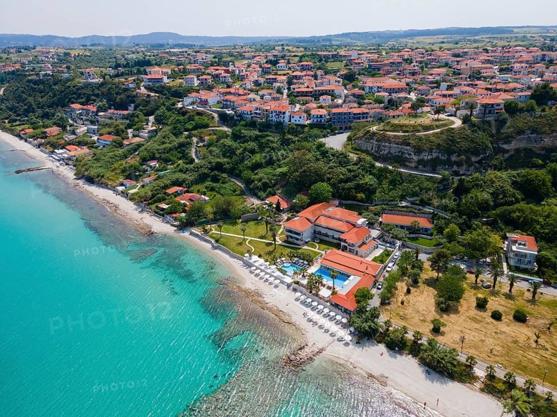 Aerial view, Afytos, Afitos, Athitos, Kassandra Peninsula, Chalkidiki, Greece, Europe