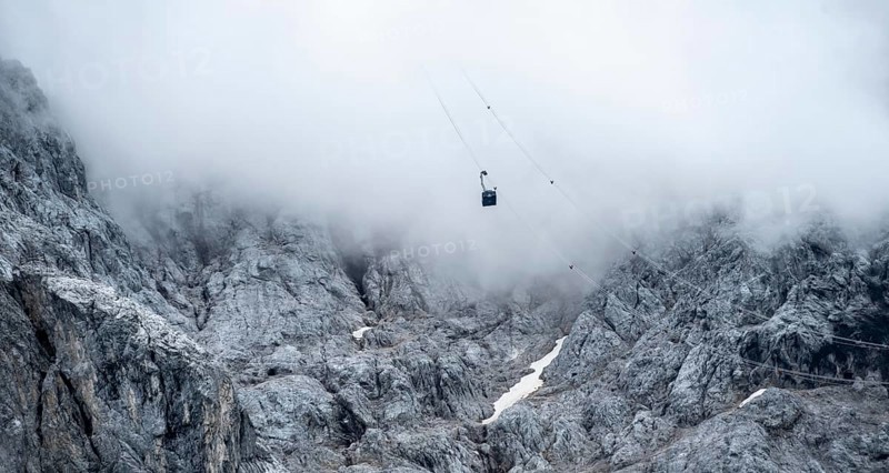 Zugspitzbahn in the fog, Garmisch-Patenkirchen, Bavaria, Germany, Europe