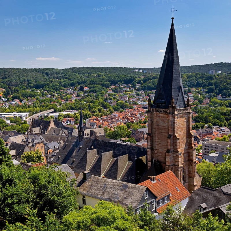 Elevated view of the Lutheran Parish Church of St. Mary, also known as the Stadtpfarrkirche, Marburg an der Lahn, Hesse, Germany, from the Schlossberg, Europe