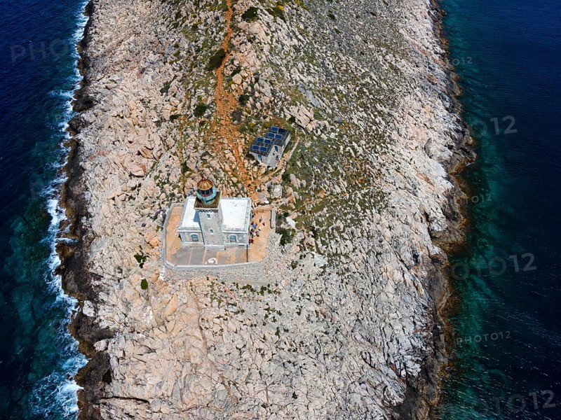 Drone shot, Akrotiri Tenaro lighthouse at the southernmost point of the Peloponnese, Cape Matapan, Mani, Laconia, Peloponnese, Greece, Europe