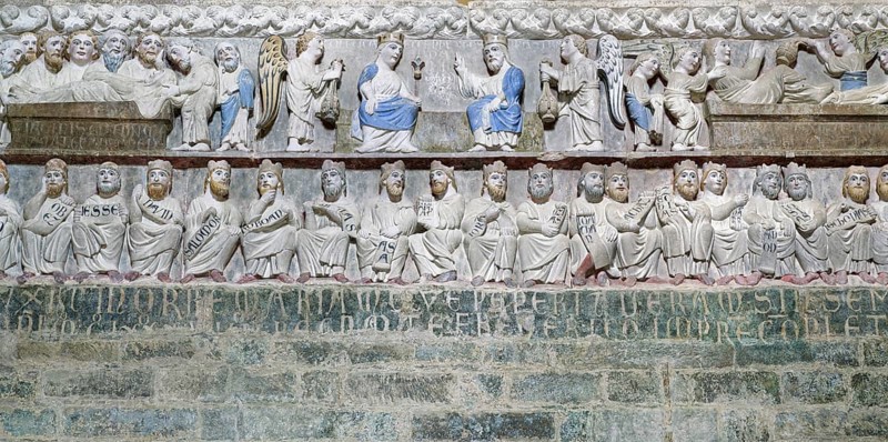 Detail, Romanesque rood screen with ancestors of Jesus, above it the death and coronation of Mary, Abbazia Santa Maria di Vezzolano, Albugnano, Province of Asti, Monferrato, Piedmont, Italy, Europe