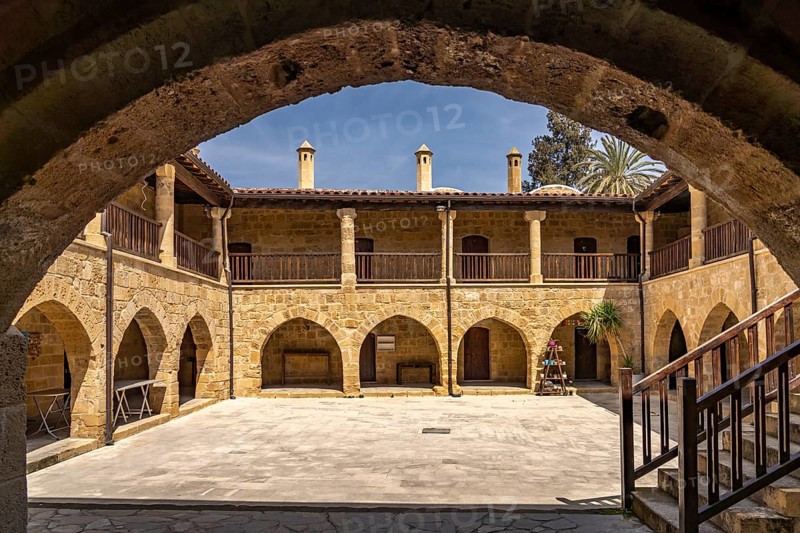 Inner courtyard of the Kumarcilar Hani Caravanserai in North Nicosia or Lefkosa, Turkish Republic of Northern Cyprus