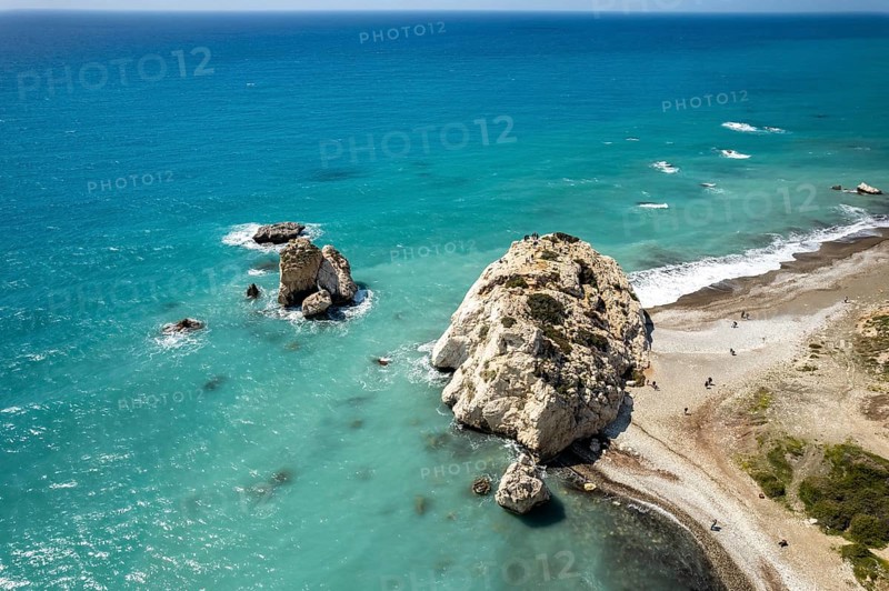 Petra tou Romiou, the Rock of Aphrodite seen from the air Kouklia near Paphos, Cyprus, Europe