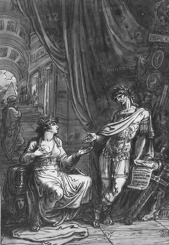 Cleopatra asks Caesar for help, Pharaoh Cleopatra VII born 69 BC, died 12 August 30 BC, ruled Egypt as the last queen of the Macedonian-Greek dynasty of the Ptolemies from 51 BC to 30 BC, Historical, digitally restored reproduction from an original of the time