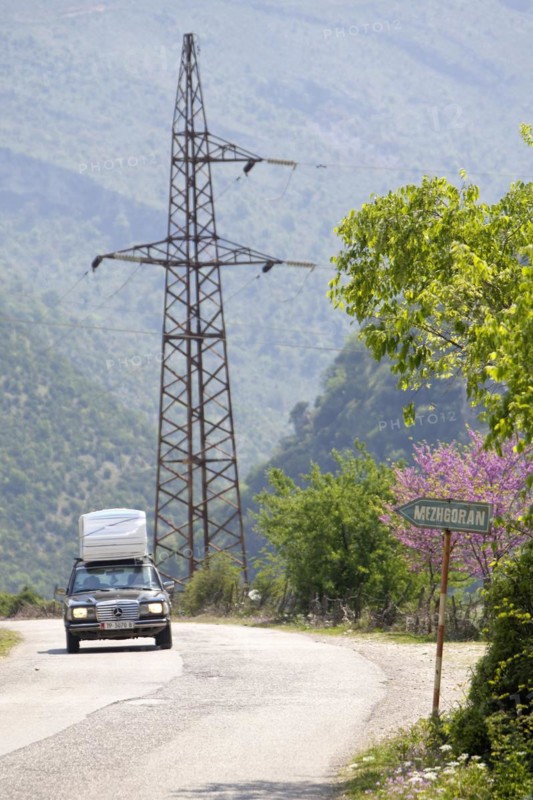 Valley of the Vjosa, Vjosë, Country Road with Mercedes, National Park Wild River Vjosa, Përmet, Qark Gjirokastra, Albania, Europe