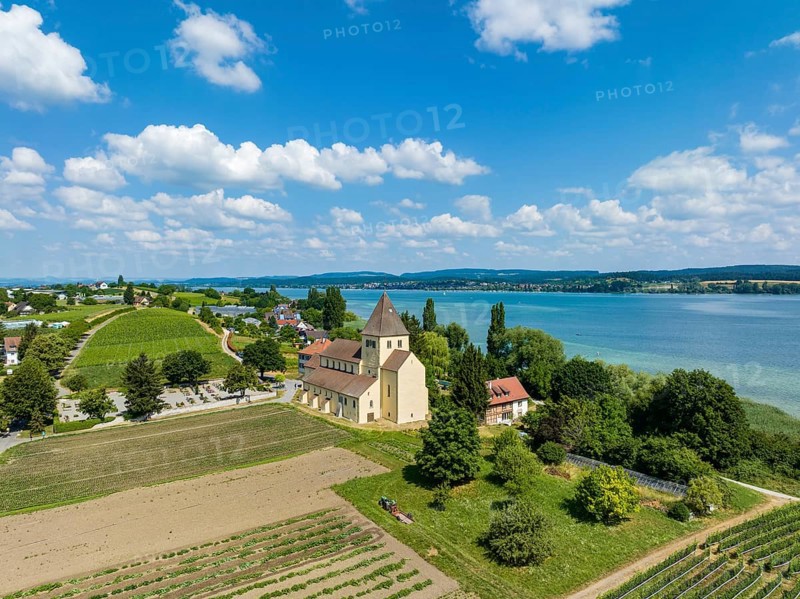 Aerial view of the Church of St. George, Oberzell, Reichenau, UNESCO World Heritage Site, Constance County, Baden-Württemberg, Germany, Europe