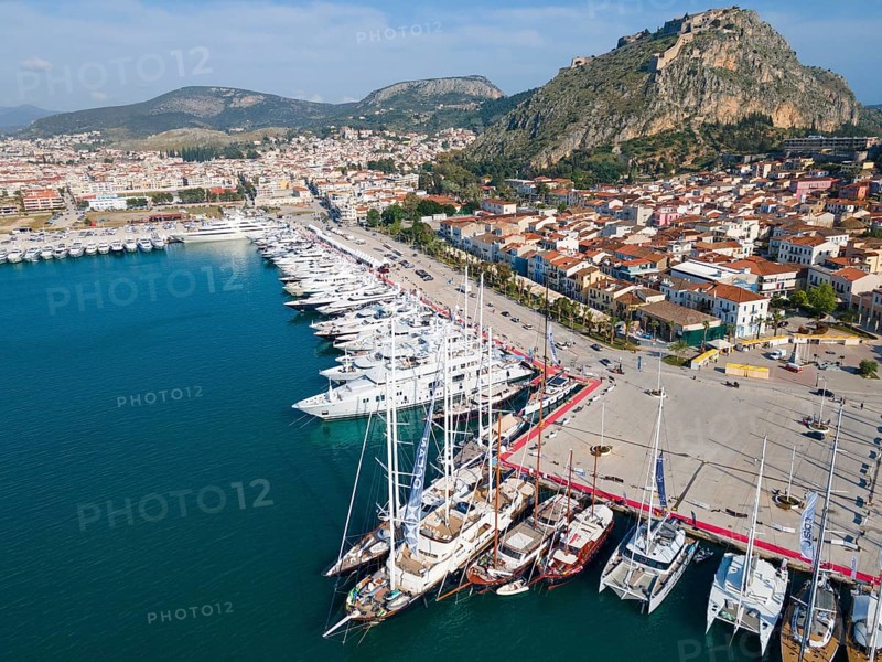 Aerial view, Mediterranean Yacht Show, Port, Nafplio, Nauplia, Nafplion, Argolis, Argolic Gulf, Peloponnese, Greece, Yachtsgood weather, Sea, Europe