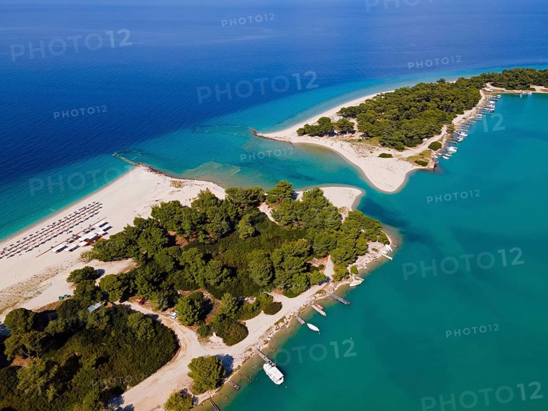Aerial view, lagoon, beach and harbour, Glarokavos, Pallini, Kassandra Peninsula, Chalkidiki, Greece, Europe