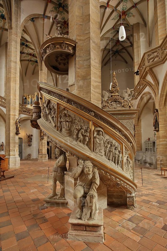 Interior view with miner's pulpit from 1638 of the Romanesque Cathedral of St. Mary, arts and crafts, ornaments, figures, Freiberg, Saxony, Germany, Europe