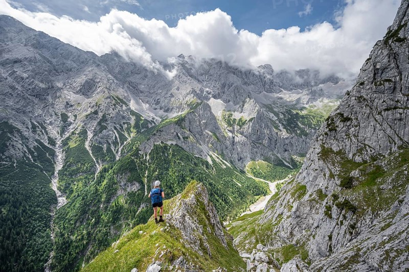 Mountaineer climbing the Waxenstein, Wetterstein Mountains, Garmisch-Patenkirchen, Bavaria, Germany, Europe