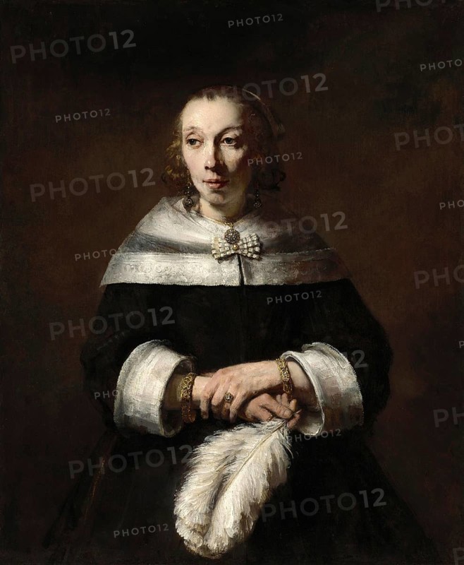 Portrait of a Lady with an Ostrich-Feather Fan, Painting by Rembrandt van Rijn (1606) (1669), Historic, digitally enhanced reproduction of an original from the period