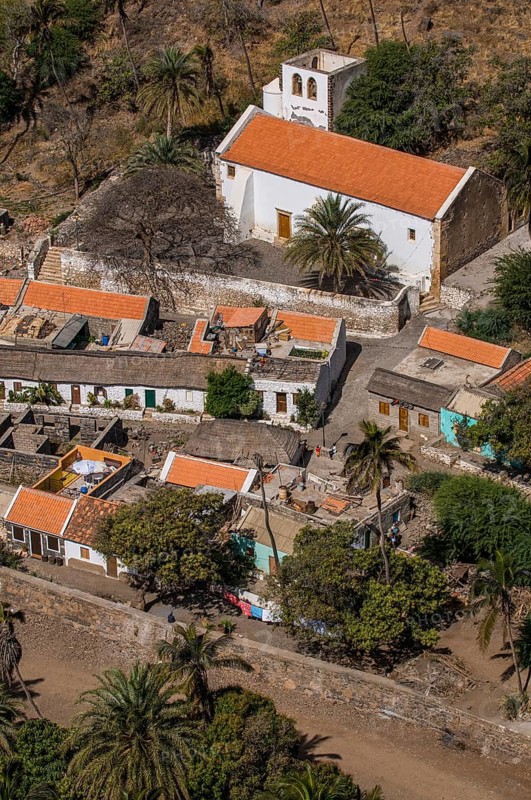 View over city with houses and church. Ciudad Velha. Cidade Velha. Santiago. Cabo Verde. Africa