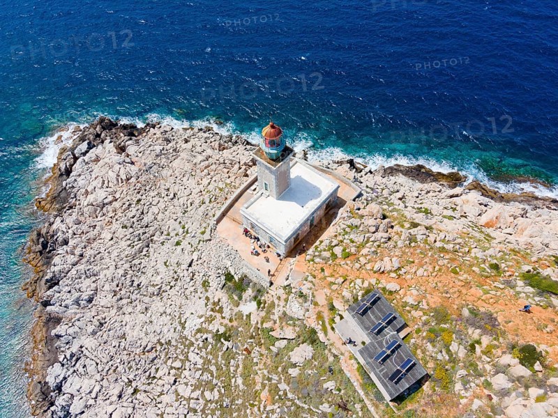 Drone shot, Akrotiri Tenaro lighthouse at the southernmost point of the Peloponnese, Cape Matapan, Mani, Laconia, Peloponnese, Greece, Europe