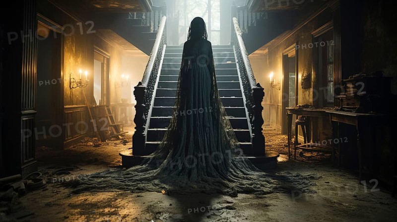 Eerie haunting ghostly silhouetted female figure in front of stairs in a haunting abandoned spooky house on halloween night, generative AI