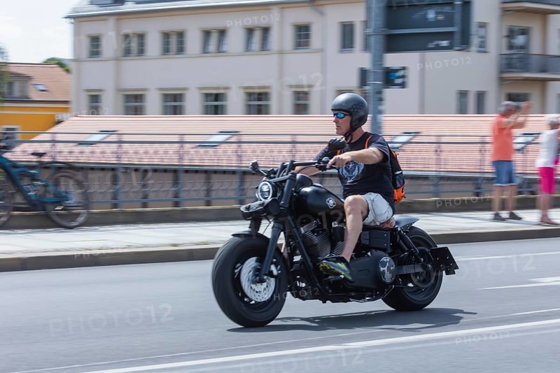 Harley Days Dresden, big ride through the city, here at the Elbe bridge Blaue Wunder