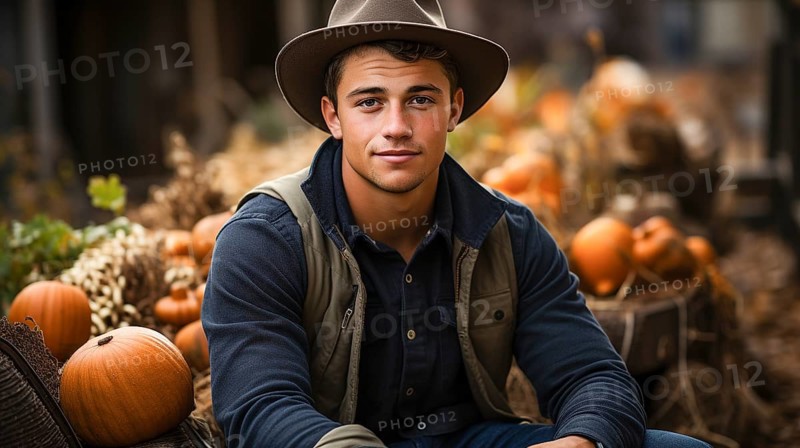 Young adult male farmer weaing cowboy hat standing near his truck in the country, generative AI