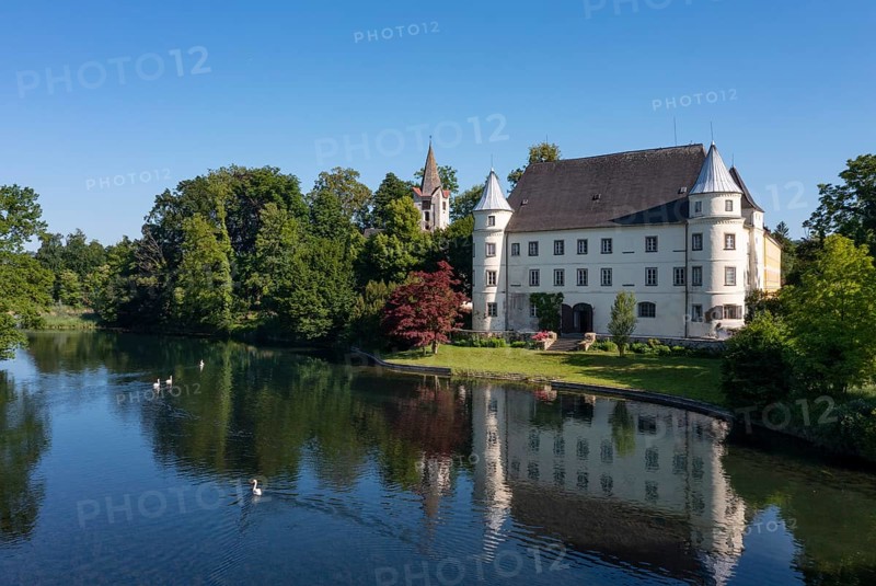Drone shot, Renaissance castle, Hagenau Castle, Mattig estuary, Sankt Peter am Hart, Innviertel, Upper Austria, Austria, Europe