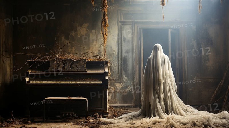 Mysterious and spooky female figure covered in sheer garment standing next to an old dusty piano in an abandoned house, generative AI