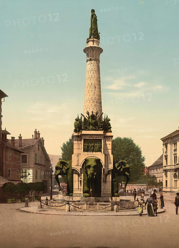 The Elephant Fountain, Chambery, France, c. 1890, Historic, digitally enhanced reproduction of a photochrome print from 1895, Europe