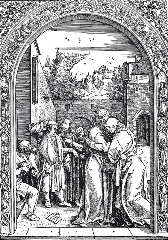Picture cycle Aus dem Leben der Jungfrau.die Begegnung von Joachim und Anna am goldenen Tor, woodcut by Albrecht Dürer, historical, digitally improved reproduction of an old woodcut.