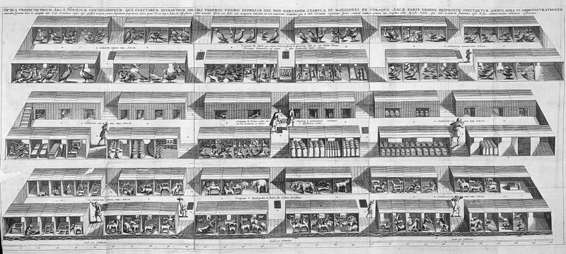 Interior view of Noah's Ark with the animals housed in their compartments on three decks, ca 1850, Historic, digitally enhanced reproduction of an original from the period