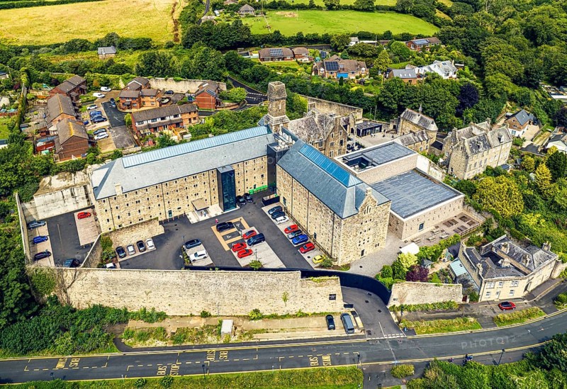 Bodmin Jail and Bodmin Luxury Hotel from a drone, Bodmin Moor, Cornwall, England, UK