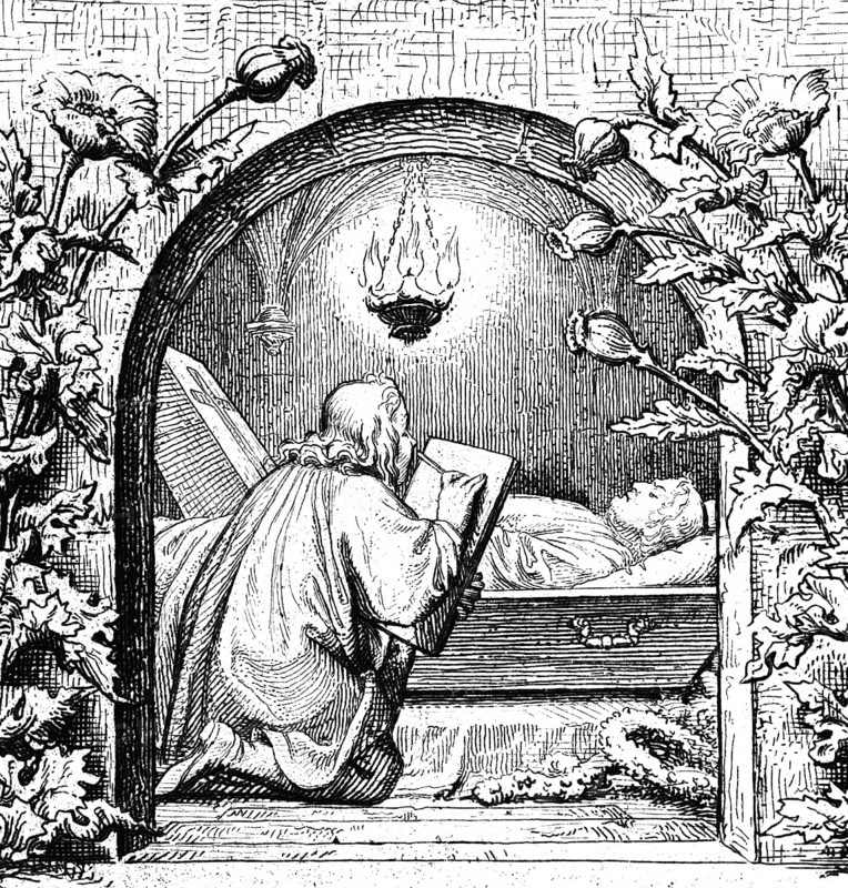 The deceased Martin Luther in a coffin, death, mourning, cross, wreath, lying, resting, light, lamp, nature, flowers, ornaments, religion, Protestantism, 18 February 1546, 16th century, historical illustration c. 1860