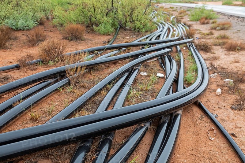 Loco Hills, New Mexico, A tangle of large black hoses connects oil well and tanks in the oil fields of the Permian Basin