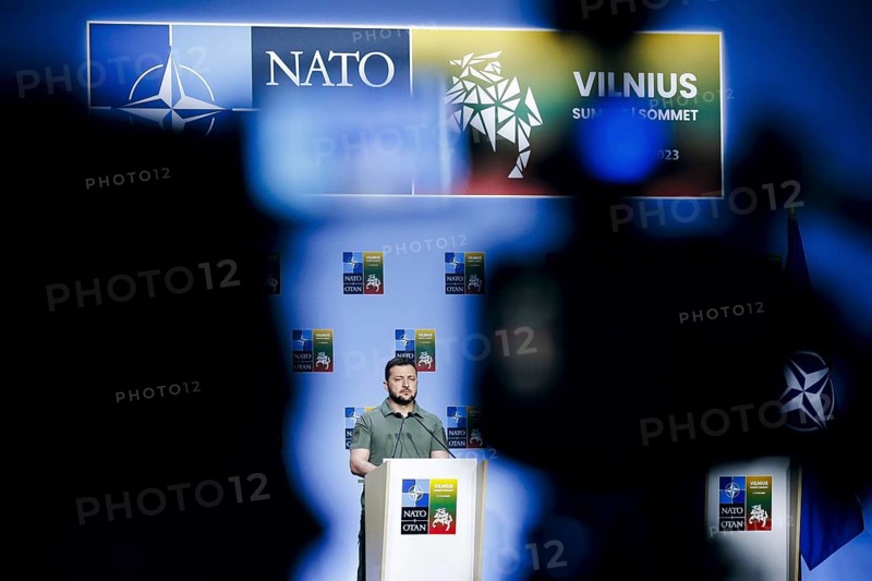 Ukrainian President Volodymyr Selensky, pictured at a joint press conference at the NATO summit in Vilnius, Lithuania. Vilnius, 12.07.2023., Vilnius, Lithuania, Europe