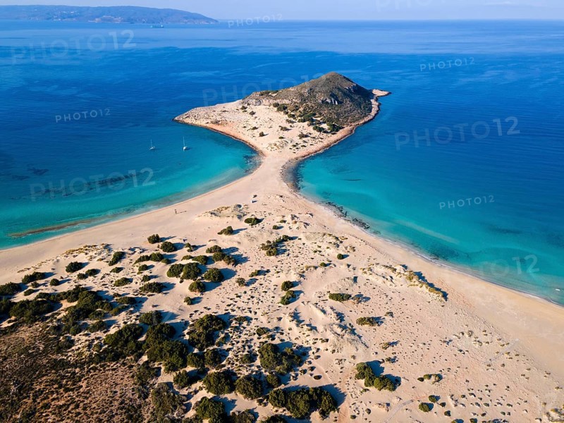 Drone shot, double bay of Simos beach, Sarakiniko beach, Elafonisos, Deer Island, Laconia, Peloponnese, Ionian Islands, Ionian Sea, Greece, Europe