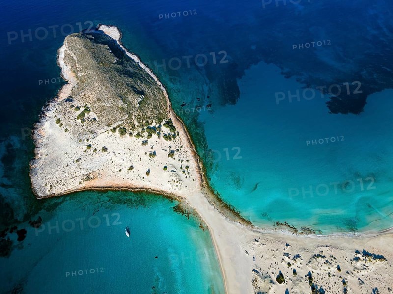 Drone shot, double bay of Simos beach, Sarakiniko beach, Elafonisos, Deer Island, Laconia, Peloponnese, Ionian Islands, Ionian Sea, Greece, Europe