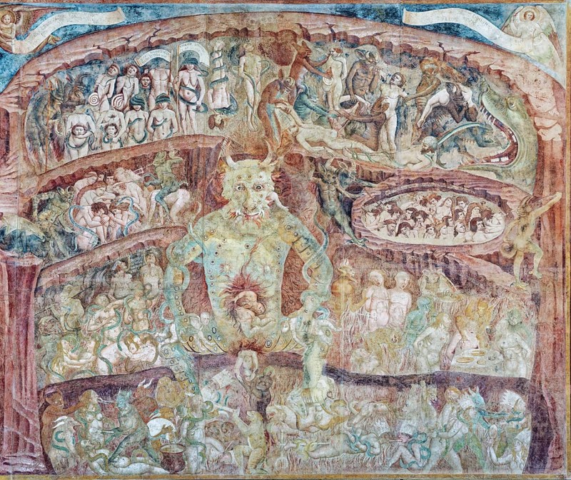 Circle of Hell after Dante Alighieri, Hell, detail from the fresco Last Judgment or Giudizio finale e Inferno, painter Buonamico Buffalmacco, Monumental Cemetery Camposanto Monumentale, Miracles Square, Piazza dei Miracoli also Campo dei Miracoli, Piazza del Duomo, Pisa, Tuscany, Italy, UNESCO World Heritage Site, Europe