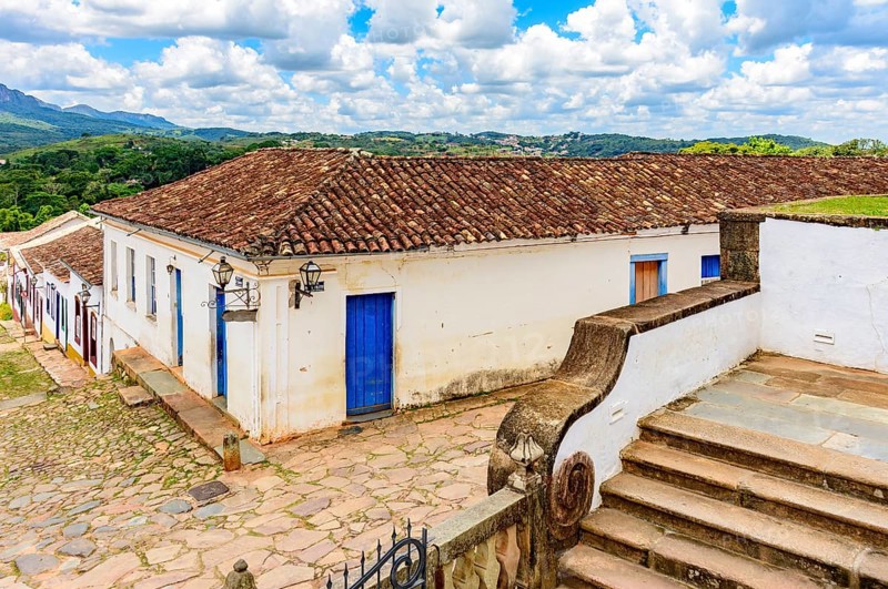 Stone street with old colonial style houses in the historic city of Tiradentes in Minas Gerais, Brasil