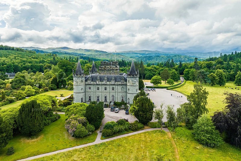 Inveraray Castle from a drone, Clan Campbell, Loch Fyne, Argyll, Scotland, UK